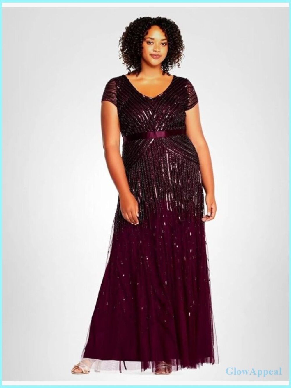 Plus Size Floor Length Beaded Cap Sleeve V-Neck Dress
